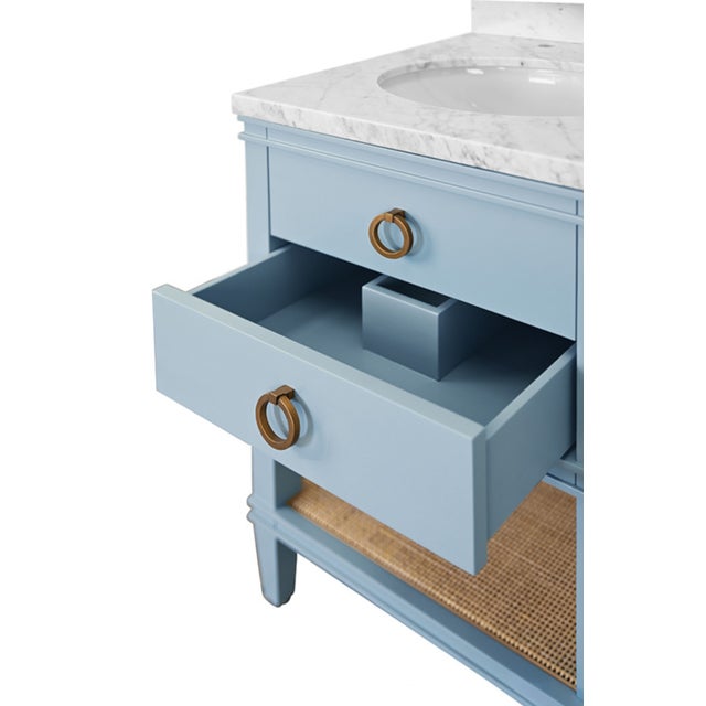 Worlds Away Matthew Izzo Home Cutler 24” Light Blue Two Drawer Single Porcelain Sink Vanity With Open Cane Shelf and Brass Hardware For Sale - Image 4 of 10
