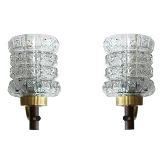 Wall Sconces in Textured Glass with Wood and Gilt Metal, 1970, Set of 2 For Sale