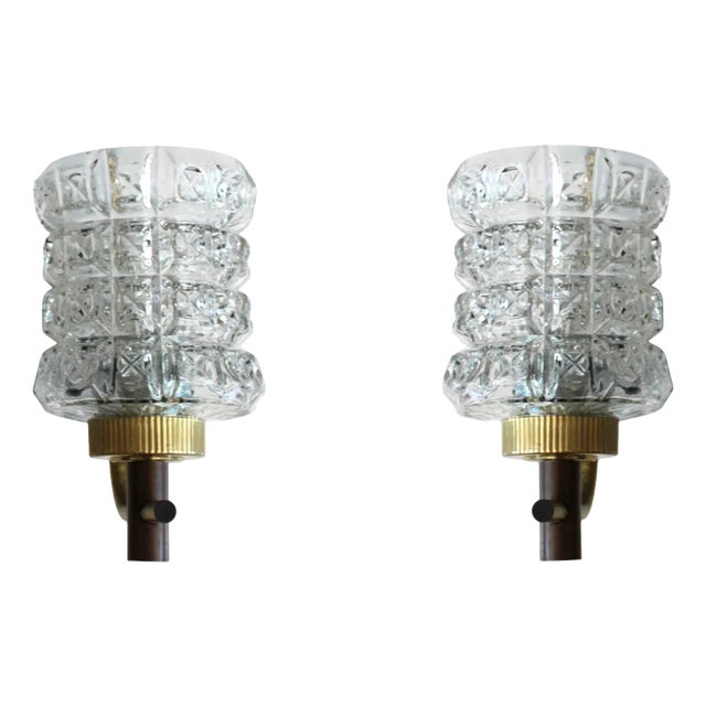 Wall Sconces in Textured Glass with Wood and Gilt Metal, 1970, Set of 2 For Sale