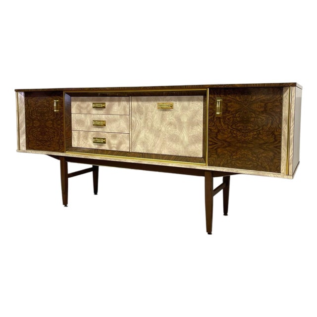 Vintage Mid-Century Modern Formica Credenza / Sideboard - Uk Import, Brass-Tone Hardware, Storage Cabinet For Sale