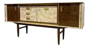 Vintage Mid-Century Modern Formica Credenza / Sideboard - Uk Import, Brass-Tone Hardware, Storage Cabinet