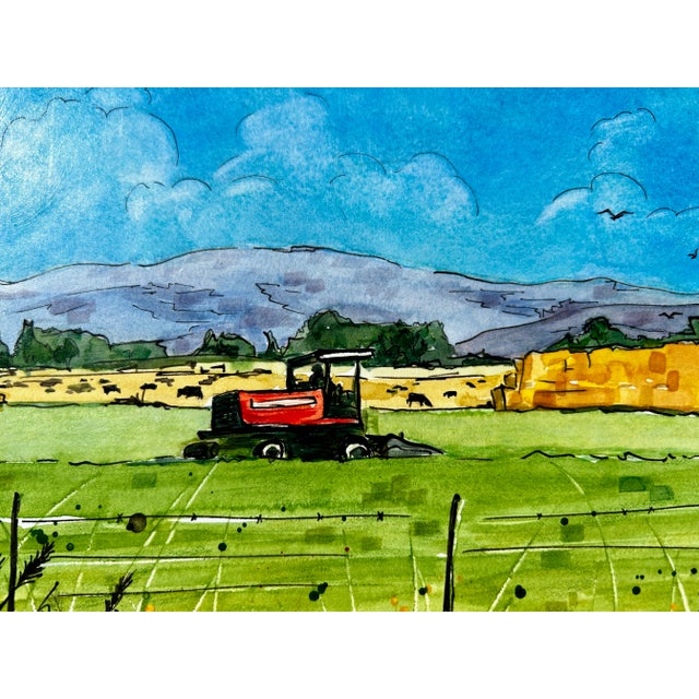 Sky Blue Original Watercolor Painting on Birch Board Rural Farm Scene For Sale - Image 8 of 8