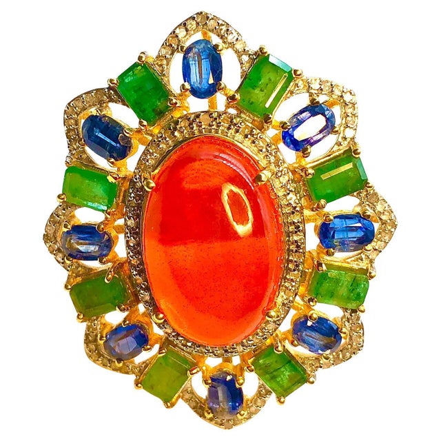 Bochic "Orient" Orange Opal, Emerald, & Diamond Ring Set In 18K Gold & Silver For Sale - Image 15 of 18