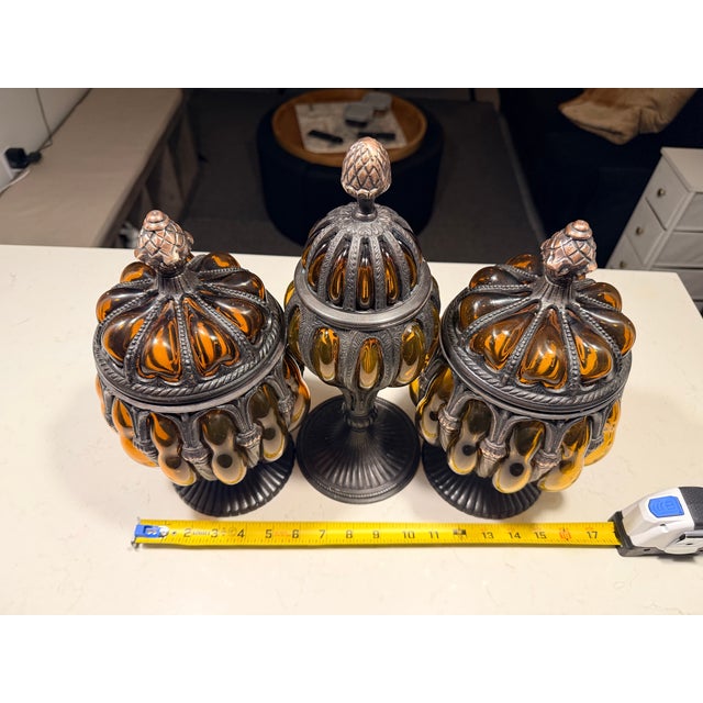 Vintage Baroque Brass Caged Amber Blown Bubble Glass & Dome Lidded Apothecary Jar For Sale - Image 11 of 11
