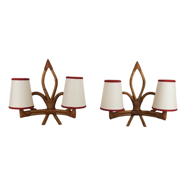 Vintage Rattan Wall Lights, 1950s, Set of 2 For Sale