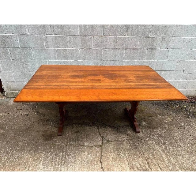 Wood Mid 20th Century Vintage Early American Style Solid Maple Trestle Base Drop Leaf Harvest Table by Cushman For Sale - Image 7 of 12