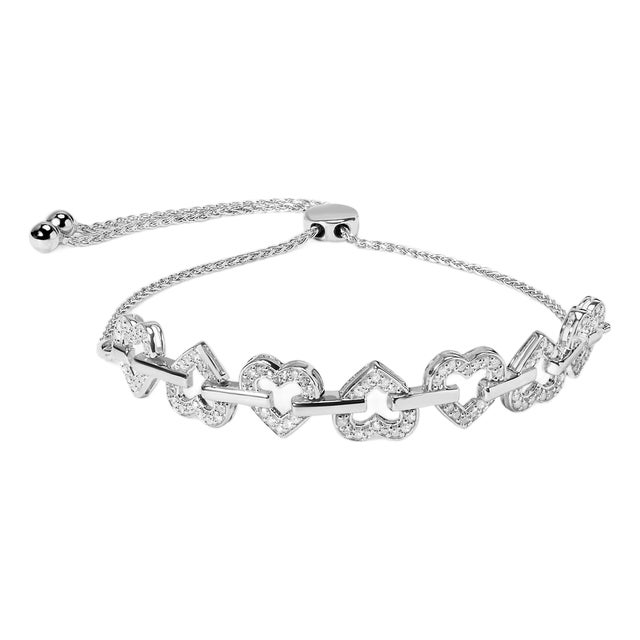 .925 Sterling Silver 1/2 Cttw Diamond Alternating Heart Link Adjustable Bolo Bracelet (I-J Color, I3 Clarity) - 4" to 10" Inches For Sale