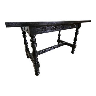 Carved California-Spanish Antique Walnut Coffee Cocktail Table in Ebony, Frieze Has Bullseyes, Single-Board Top For Sale