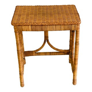 1970s Vintage Coastal Boho Rattan Wicker Side Table For Sale