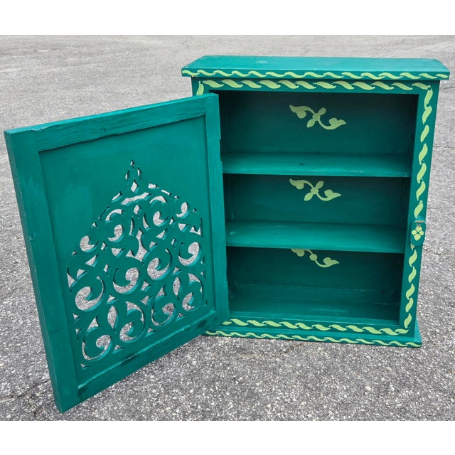 Hand Painted Mediterranean Medicine Cabinet / Wall Shelf / Green Zouak For Sale - Image 4 of 7