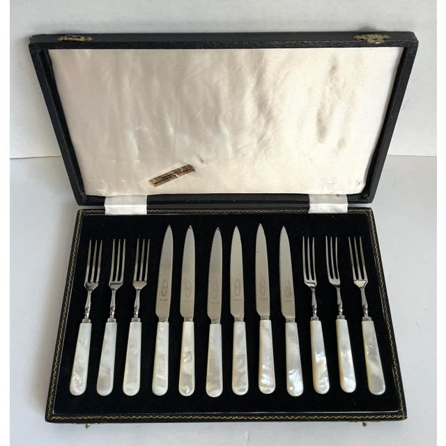 Antique George Butler & Co. Sheffield England Mother of Pearl Knife and Fork Set -Set of 12 For Sale - Image 4 of 10