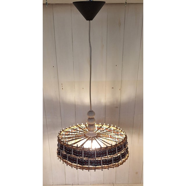 Vintage Ceiling Lamp with Clear Relief Glass Shade and Wicker Overshade with Woven Fabric Trim, 1970s For Sale - Image 3 of 7