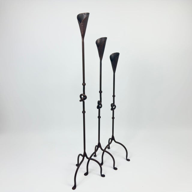 Hand Forged Iron Candelabra Set of 3 (90-110cm) Antique Copper Finish Knotted Stem with Conic Cup For Sale - Image 6 of 7