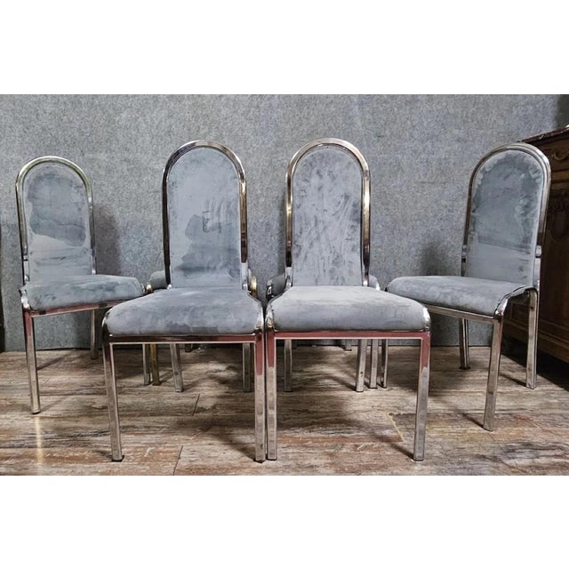 Vintage Chairs in Chrome Metal and Velvet, Set of 6 For Sale - Image 5 of 8