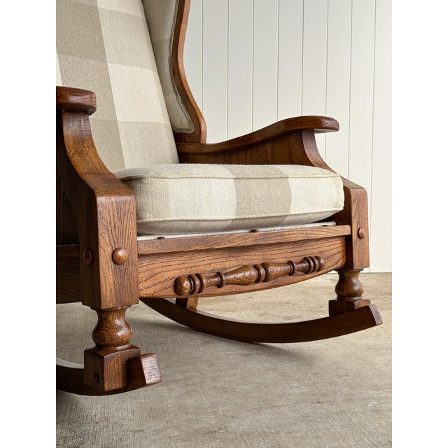 1970s Studio Craft Oak Wingback Rocking Chair With Carved Rail, C. 1970s For Sale - Image 5 of 18