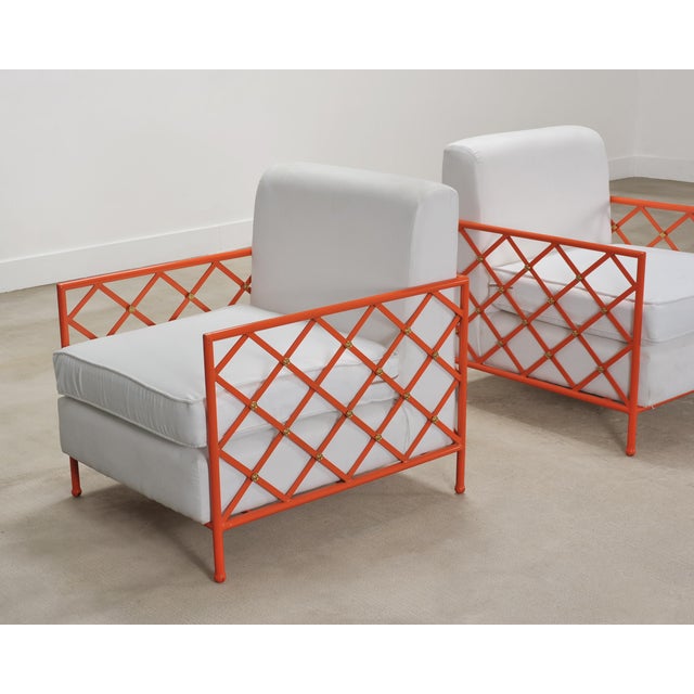 Pair of French Maison Jean Orange Iron Lattice Lounge Chairs For Sale - Image 16 of 18