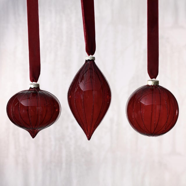 Christmas Glitter Stripe Glass Tree Ornaments, 3 Assorted Designs, Set ...