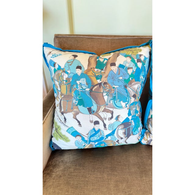 Beautiful custom made Manuel Canovas "Dara" down-filled pillows with turquoise trim and butterfly corners-double-sided...