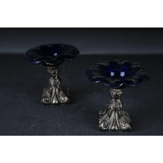 2 Antique Silver Caviar Footbowls Biedermeier Germany Bowls with blue glass The Bowls is weighted Weight: 292 grams The...