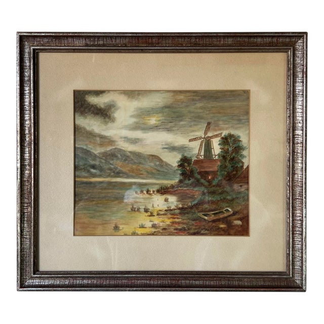 70's Vintage A. F. Drexon Landscape Cottage Windmill at the Riverside Watercolor Painting For Sale