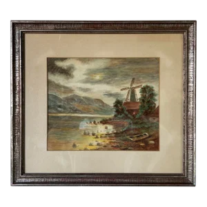 70's Vintage A. F. Drexon Landscape Cottage Windmill at the Riverside Watercolor Painting