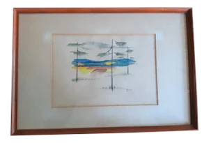 1948 "Country" Modernist Style Watercolor Painting, Framed
