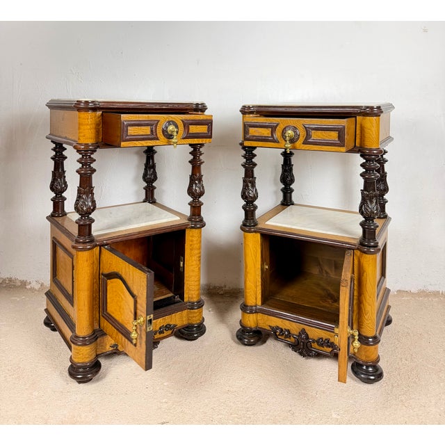 Wood French Empire Style Marble-Top Nightstands with Cabinet Doors, 1940, Set of 2 For Sale - Image 7 of 12
