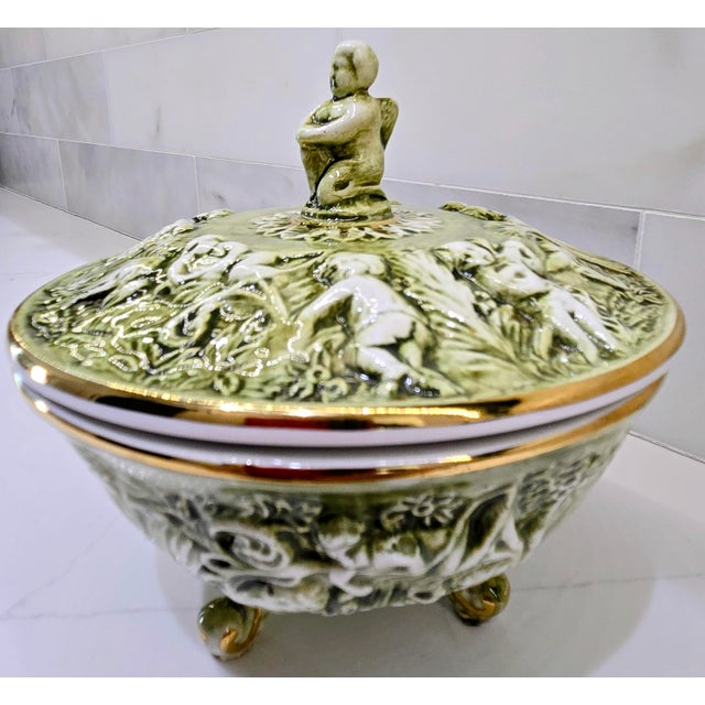 Mid 20th Century Vintage R. Capodimonte Italian Porcelain Covered Dish With Putti & Birds, Footed Green Gold Compote For Sale - Image 5 of 13