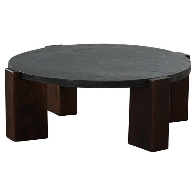 Brutalist French Round Coffee Table in Oak and Slate, 1970s For Sale - Image 17 of 17