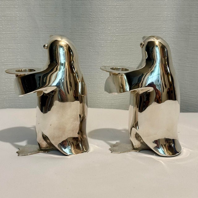 Restoration Hardware 1990’s Restoration Hardware Silver Plated Penguin Candle Stick Holders - A Pair For Sale - Image 4 of 11