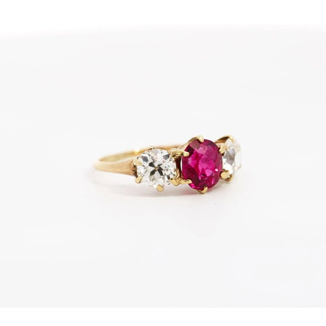 Antique Red Spinel and Old Mine Diamond 14k Yellow Gold Three-Stone Ring Size 5.5 For Sale - Image 4 of 10