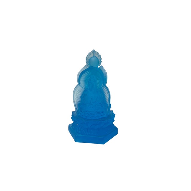 Asian Blue Frosted Crystal Glass Lotus Base 3 Sides Bodhisattva Sanbao Figure For Sale - Image 3 of 13