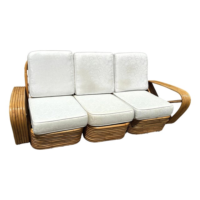 Restored Frankl Style Rattan Six-Strand Square Pretzel 3-Seater Sectional Sofa For Sale