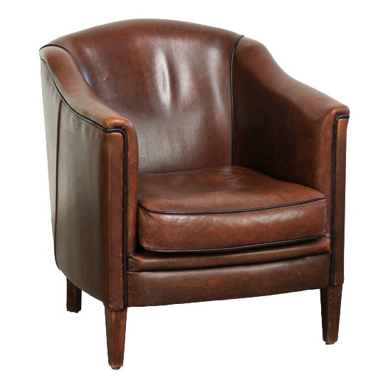 Sheepskin Armchair in a Deep Brown Color Finished with Black Piping For Sale