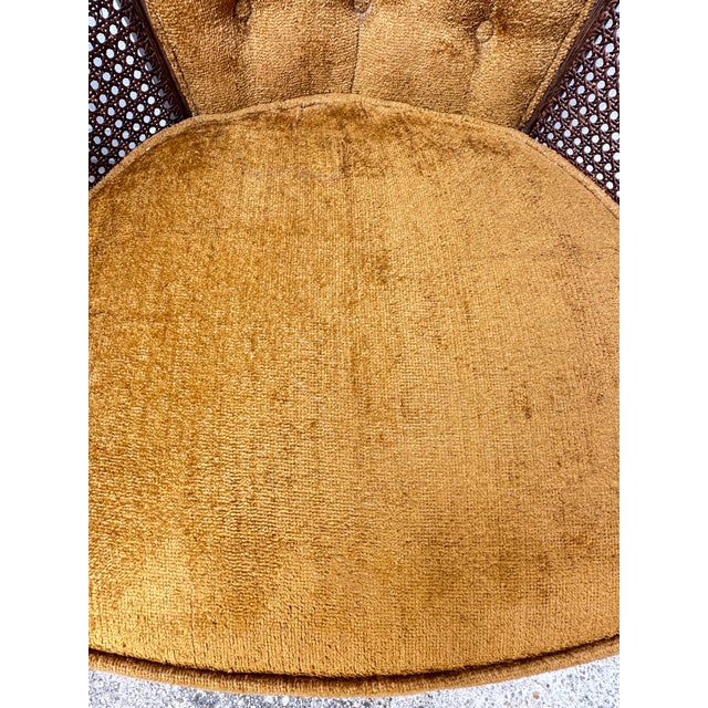 Late 20th Century Vintage Velvet, Wood and Cane Barrel Chairs-a Pair For Sale - Image 5 of 11