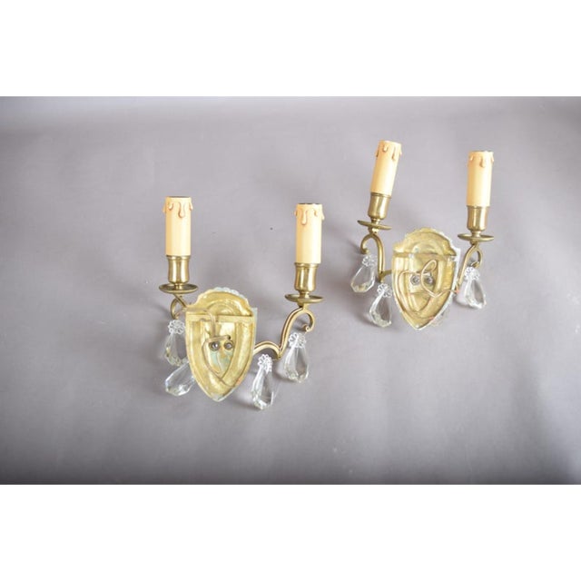 Metal Vintage French Brass and Crystal Wall Sconces, 1940s, Set of 2 For Sale - Image 7 of 11