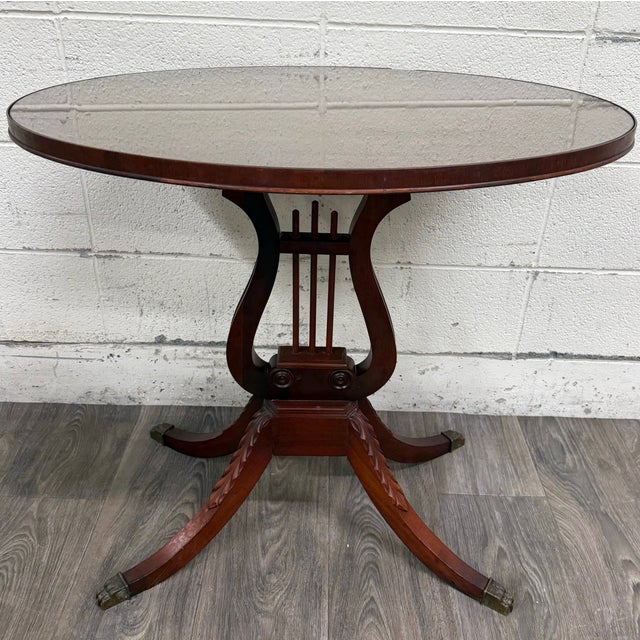 Traditional Vintage Duncan Phyfe Style Mahogany Lyre Pedestal Base Accent Table For Sale - Image 3 of 16