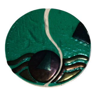 1970s Colorful Art Glass Plate in Green and Black Motif For Sale
