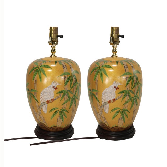 Vintage Hollywood Regency Style Hand-Painted Yellow Ceramic Bird and Bamboo Table Lamps - a Pair For Sale - Image 12 of 13