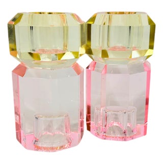 Danish Faceted Crystal Candle Holder Light Pink & Butter Yellow - a Pair For Sale
