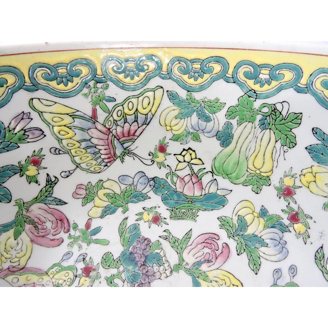 White Large Chinese White and Yellow Famille Rose Butterfly Porcelain Bowl & Carved Rosewood Stand For Sale - Image 8 of 13