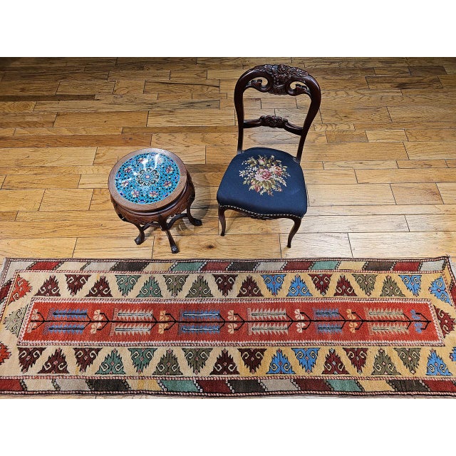 Vintage Turkish Oushak Runner, Handwoven Wool Pile, Geometric Design, 3' x 9' For Sale In Chicago - Image 6 of 16