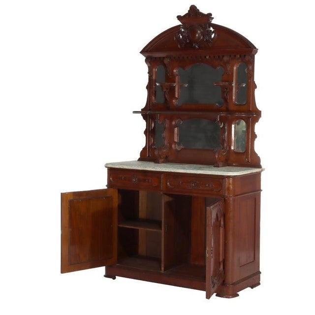 Large Antique Renaissance Revival Walnut, Burl & Marble Mirrored Sideboard C1890 For Sale - Image 9 of 18