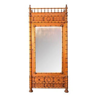 French 19th Century Faux Bamboo Pine Mirror Door Armoire For Sale