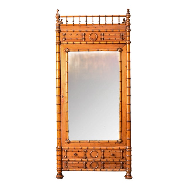 French 19th Century Faux Bamboo Pine Mirror Door Armoire For Sale
