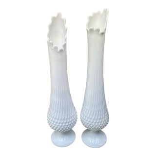 Vintage MCM Fenton Milk Glass White Swung Stretch Vase -Set of 2 For Sale