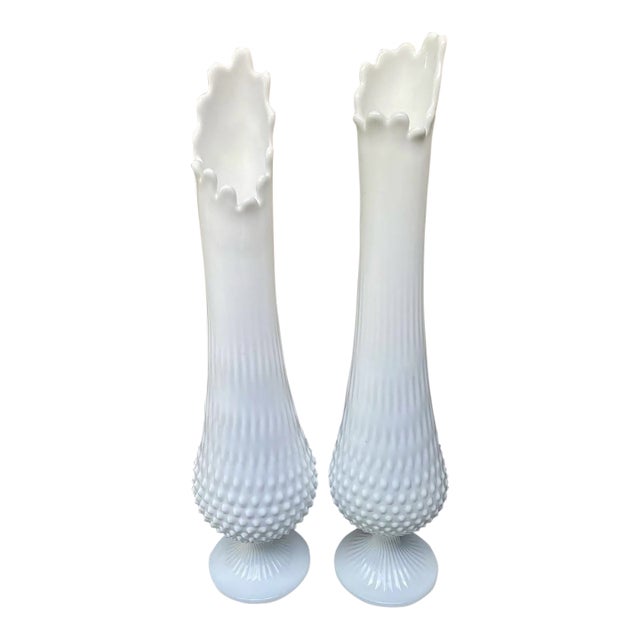 Vintage MCM Fenton Milk Glass White Swung Stretch Vase -Set of 2 For Sale