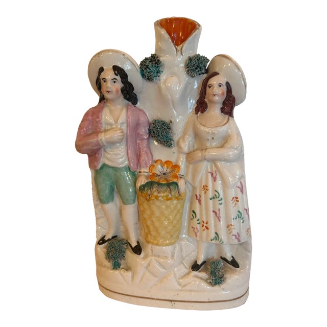 Antique Staffordshire Flatback Spill Vase Depicting a Man and Woman With Flower Basket For Sale