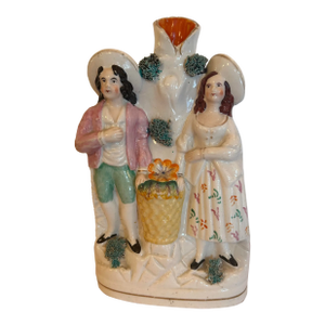 Antique Staffordshire Flatback Spill Vase Depicting a Man and Woman With Flower Basket