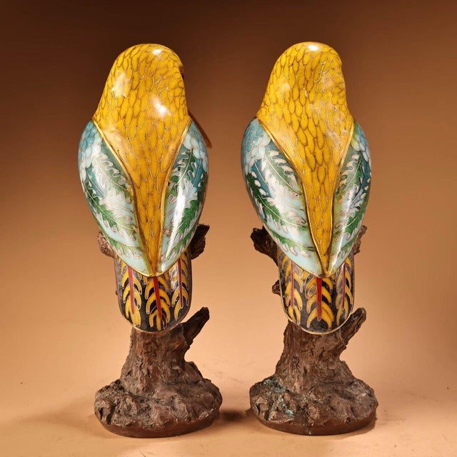 Mid 20th Century Pair of Vintage Cloisonne Enamel Woodpecker Figures – 10.2" Birds on Branches For Sale - Image 5 of 10